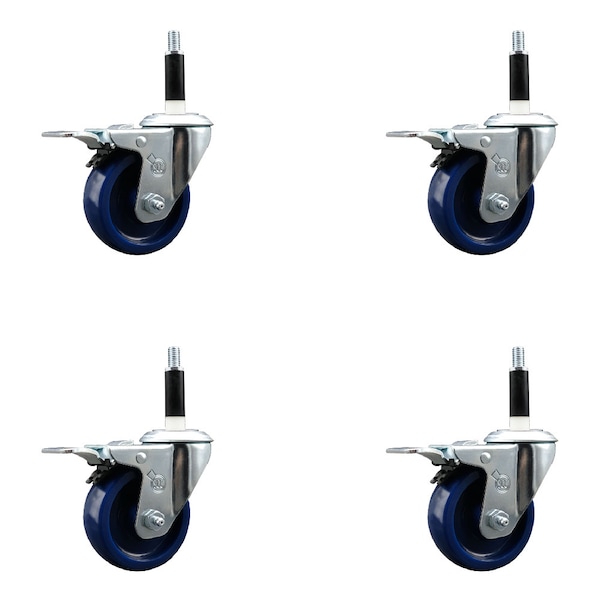 3.5'' Solid Poly Swivel 7/8'' Expanding Stem Caster Set Total Lock Brake, 4PK